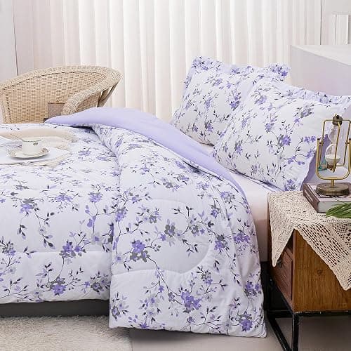 Mooreeke Floral Queen Size Comforter Sets, Lightweight Purple Lavender Botanical Printed Bedding for All Seasons, 3-Piece Vintage Bed in a Bag with Fluffy Quilted Reversible Comforter & 2 Pillow Shams thumbnail 6