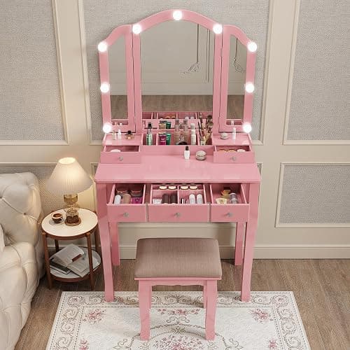 Phonrida Pink Makeup Vanity for Girls Vanity Desk with Mirror and Lights Girls Vanity Desk Vanity with Lights Make Up Vanity Set tocadores para maquillarse con Luces y cajones Vanity Table Set - Image 1