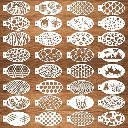32 Pcs Halloween Face Painting Stencils 3"x5.5", Body Facial Painting Stencils, Reusable Mermaid Scale Leopard Cracks Claw Stencils Makeup Kit Face Tracing Stencils for Holiday Halloween Party - Image 1