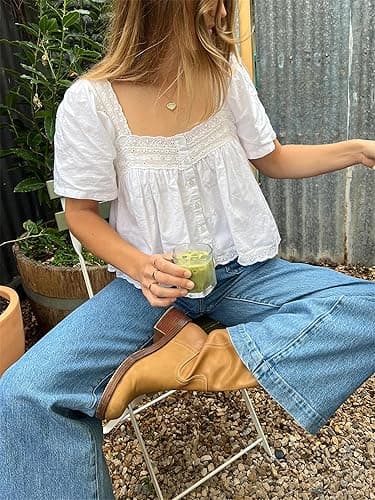 Women Lace Trim Flowy Shirt Y2k Half Short Sleeve Ruffle Low Cut Babydoll Tops Boho Cute Fairy Going Out Streetwear thumbnail 5