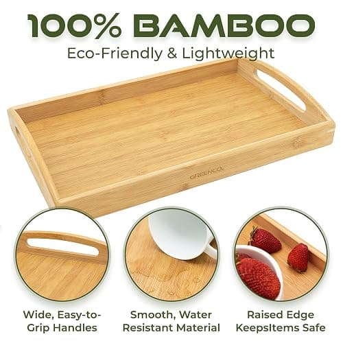 Greenco Rectangle Bamboo Butler Serving Tray with Handles - Bed Trays for Eating - Bed Tray - Breakfast Tray thumbnail 4