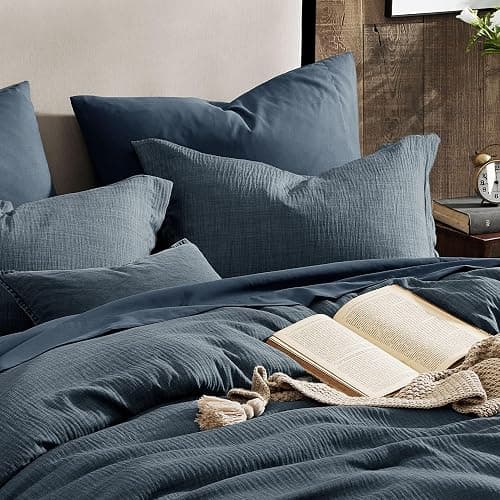 Geniospin Twin Comforter Set - 5 Pieces Comforter Twin Size, Solid Bedding Sets for All Season, Textured Bed in a Bag with Flat Sheet and Fitted Sheet, Pillowcases and Shams (Navy Blue, 66''x86'') thumbnail 4