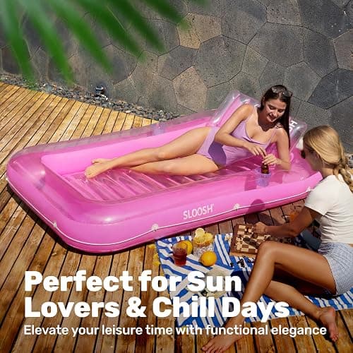 SLOOSH Inflatable Tanning Pool Lounger Float, 70" x 46" Pool Floats Adult with Pillow, 4 in 1 Suntan Tub Raft Floatie,Sunbathing Bed Lounge for Water Blow Up Kids Ball Pit Party Gifts, L-Pink thumbnail 8