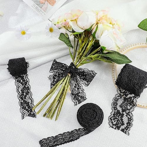 4 Rolls 24 Yards Floral Black Lace Ribbon Stretch Pattern Vintage Wide Tulle Lace Trim for DIY Crafts Sewing Present Wrapping Decoration thumbnail 3