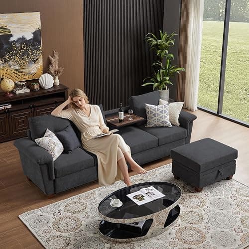 Pingliang Home 4-Seat Sectional Couches for Living Room, Bedroom, Office, L Shape Convertible Sectional Sofa Couch with Ottoman and Cup Holders, Dark Grey thumbnail 2