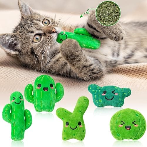 MALLMALL6 Catnip Toys for Cat - 5Pcs Cactus Prickly Plants Catmint Interactive Kitten Toy for Indoor Cats, Cute Soft Green Pet Supplies for Kitty Lover Gifts, Kitten Teething Chew Presents Set - Image 1