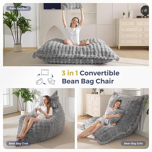 MAXYOYO Giant Bean Bag Chair with Pillow, 3 in 1 Convertible Bean Bag Chair for Adults with Removable Cover, Floor Cushion Stuffed Floor Lounger for Living Room Bedroom, Bubble Grey thumbnail 4