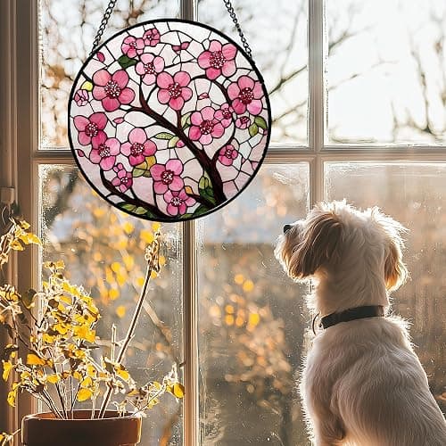 CRISGIF Stained Glass Window Hanging - Cherry Blossoms Birth Flower Suncatcher for Door Garden Patio Sun Catchers Decor Christmas Mother's Day Birthday Gifts for Women Mom Nana Friend Wife 7.8 in thumbnail 2