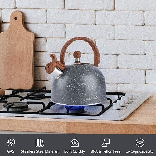 Tea Kettle, 2.3 Quart / 2.5 Liter BELANKO Stainless Steel Tea Kettles, Food Grade Stovetops Tea pot with Wood Pattern Handle Loud Whistling for Tea, Coffee, Milk etc, Gas Electric Applicable - Gray thumbnail 5