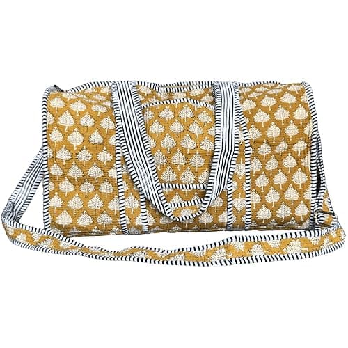 ATOSII Handblock Print 100% Cotton Large Quilted Duffle Bag for Overnight Trip, Travel Weekend Bag, Luggage, 2 Pockets with Zipper, 1 Front Pocket, Detachable Long Strap, 20 X 10 X 12 Inches, Flax - Image 1