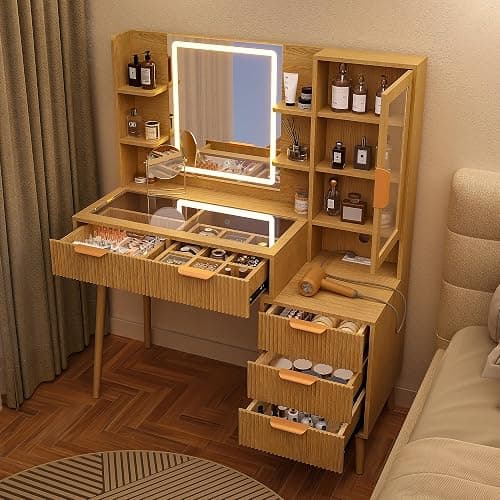 Fkhouse Fluted Makeup Vanity with Mirror and Lights,5 Drawers Glass Top Vanity Desk with Glass Door Cabinet,Power Outlet,6 Shelves,9-Grid Organizer,Lighting Adjustable Dressing Table,Natural Oak thumbnail 6