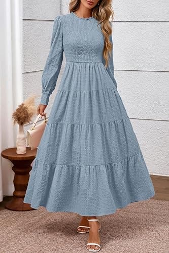 PRETTYGARDEN Women's Long Sleeve Maxi Dresses 2025 Fall Casual Smocked Trim Neck Swiss Dot Tiered Flowy Wedding Guest Dress thumbnail 2