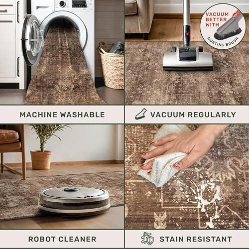 Hazo Haus Boho Taupe Brown 5x7 Living Room Rug - Modern Vintage Traditional Oriental Neutral, Washable Low Pile Non-Slip Large Area Rugs for Nursery Dining Under Table thumbnail 4