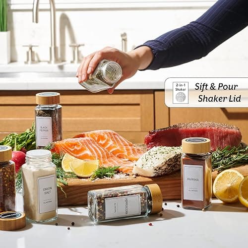 Set of 24 Glass Spice Jars with Various Labels, Bamboo Shaker Lids & Funnel, Kitchen Storage Jars with Airtight Lid, Spices & Seasonings Sets Organizer, Spice Containers, Glass Jar Food Canister thumbnail 2