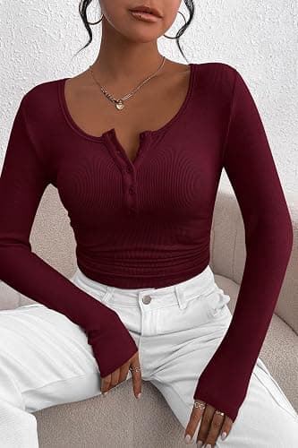 PRETTYGARDEN Women's Fall Long Sleeve Henley T Shirts | Soft Ribbed Knit, Button Up, Slim Fitted, Layering Tops, Plain Basic Tee, Trendy Casual, Spring Outfits, Fashion Clothing thumbnail 8