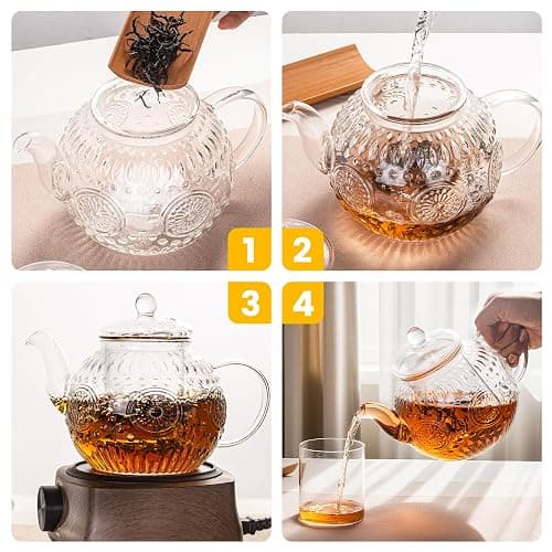 Bandesun Vintage Glass Teapot, Tea Kettle with Removable Infuser 32OZ/1000ml, Borosilicate Glass Pot -Stovetop Safe, Blooming & Loose Leaf Tea Maker Set thumbnail 5