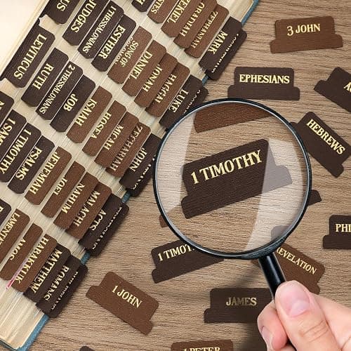 Woodgrain Texture Bible Tabs, 80 Pcs Chestnut Brown Gold Foil Index Tabs with Ruler - 66 Books Chapters & 14 Blank DIY Stickers, Bible Study Journaling Supplies, Nature-Inspired Gift Set for Men Women thumbnail 2