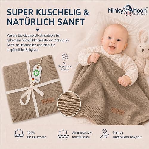 Minky Mooh® - Babydecke aus 100% Bio Baumwolle (Öko-Tex 100) Gr. 94x72cm Taupe - Baby & Kuscheldecke Geschenk für Neugeborene zur Geburt Erstausstattung - Pucktuch & Baumwolldecke Mädchen & Jungen thumbnail 2