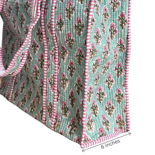 ATOSII Women Handblock Print Quilted 100% Cotton Floral Large Shoulder Tote Bag with Pocket, Zipper for Work, Beach & Travel thumbnail 3