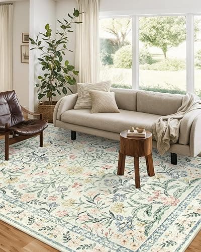 Wonnitar Boho Floral Washable Rugs 5x7, Soft Area Rugs for Bedroom, Ultra-Thin Non Slip Beige Area Carpets, Flower Print Decor Carpet for Living Room Nursery Dining Room Office thumbnail 4