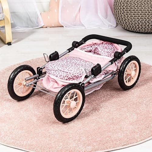 Bayer Trendy Doll Pram, Pink Animal Stroller for Dolls up to 18 in | Foldable carriage with adjustable 15-26 inch handle, matching shoulder bag, shopping basket, and protective canopy thumbnail 2