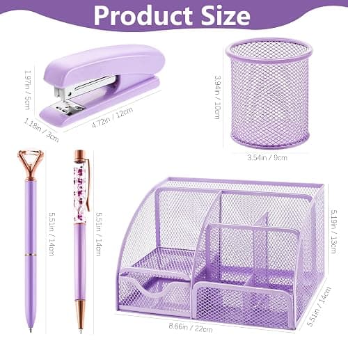 15 Pcs Purple Office Supplies Set Mesh Desk Organizer Accessories Kit Include Stapler Tape Dispenser Staple Remover Clips Ruler Scissors Sticky Notes for Office School Home Women (Purple) thumbnail 2