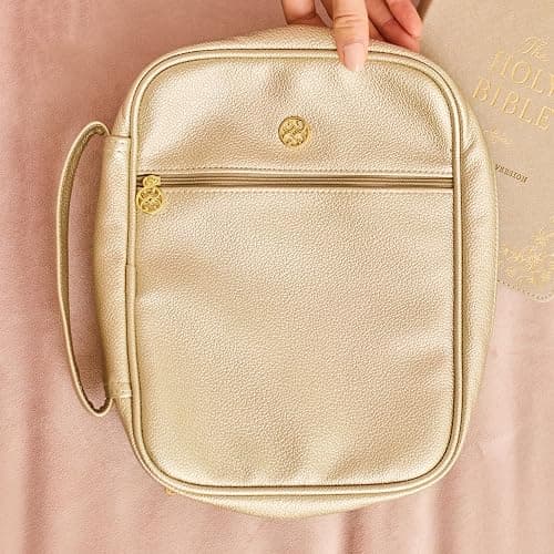 Mary Square Bible Book Cover with Zipper and Carry Handle for Church Travel Standard 10 x 9 Inch Vegan Leather Champagne thumbnail 2