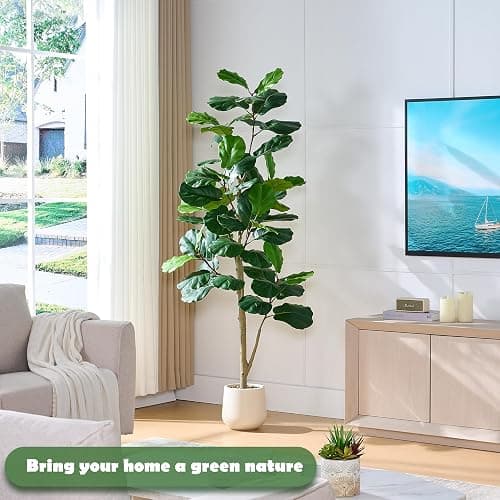 TXABL Artificial Fiddle Leaf Fig Tree,Tall Faux Ficus Lyrata Fake Tree in Pot, Artificial Tree Indoor Decor, Fiddle Leaf Fig Tree Fake Plant for Home Office Living Room Decoration Modern (White, 7FT) thumbnail 6