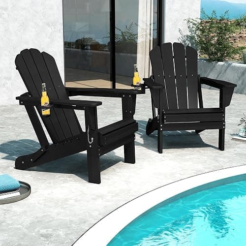 Domi Folding Adirondack Chair Set of 2, HDPE All-Weather Adirondack Chairs with Cup Holder, Outdoor Plastic Fire Pit Chairs Wood Texture for Poolside, Patio, Backyard, Deck (Black) thumbnail 2