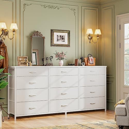 Romorgniz 55" Long Dresser for Bedroom with 12 Fabric Drawers, Entertainment Center for 60 inch TV Dressers & Chests of Drawers Large Organizer, Living Room, Metal Frame, Wood Top, White thumbnail 5
