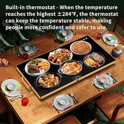 Electric Warming Tray (XXL 32”x18”)，Food Warmers for Parties Buffet with Thermostat & Full Surface Heating, Tempered Glass Warming Mat for Food, Temperature Adjustable Gold Handles Food Warming Mat thumbnail 7