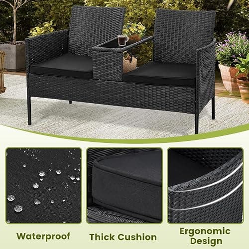 Kromax Wicker 2 Seat Patio Conversation Set, Outdoor Rattan Loveseat with Table, Washable Cushion Covers, Backyard, Garden, Lawn, Black Rattan with Black Cushion - Black Rattan With Black Cushion thumbnail 6