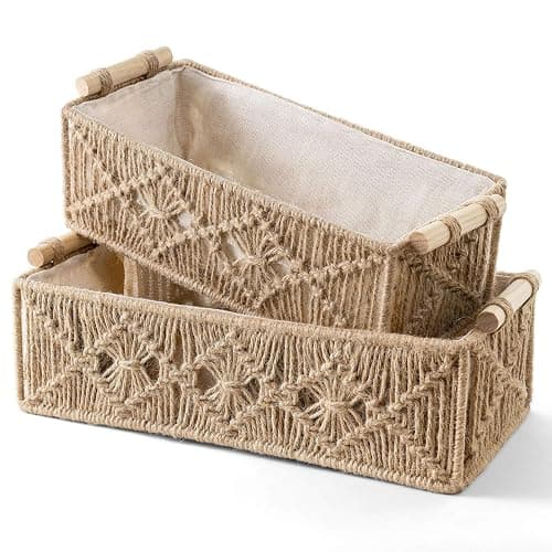 Mkono Macrame Storage Baskets Boho Decor Box Handmade Woven Decorative Countertop Toilet Tank Shelf Cabinet Organizer for Bedroom Livingroom Home, Set of 2, Brown thumbnail 6