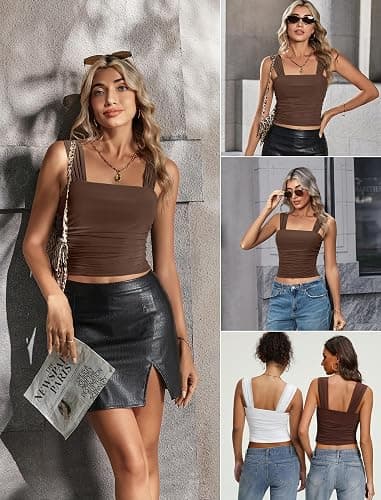 Avidlove Square Neck Tops for Women Mesh Cute Ruched Crop Tank Y2K Concert Going Out Top Brown thumbnail 4