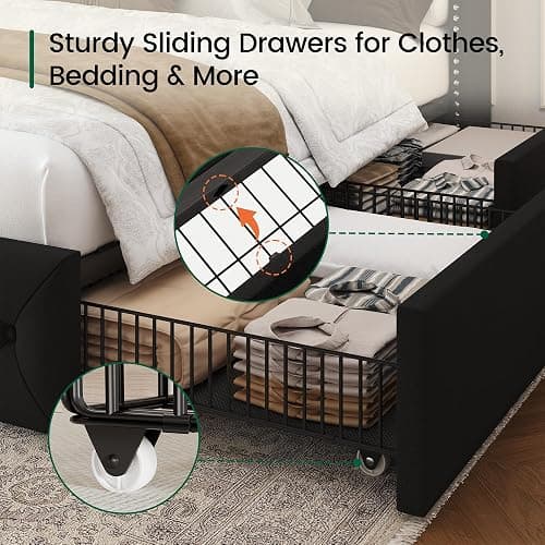 LARMACE King Size Bed Frame with LED Lights and 4 Storage Drawers Velvet Upholstered Platform Bed Frame with 47.2" Tall Tufted Headboard Wingback, No Box Spring Needed, Easy to Assemble, Black thumbnail 5