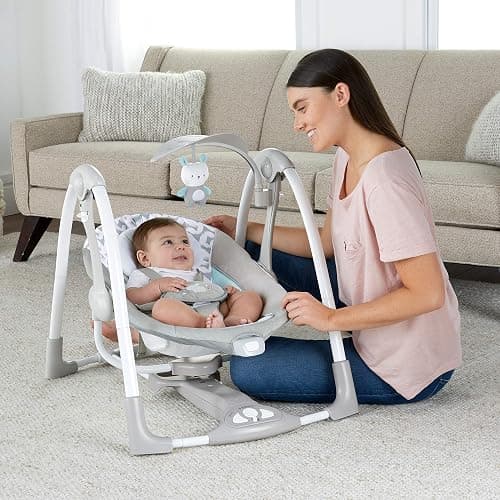Ingenuity ConvertMe 2-in-1 Compact Portable Automatic Baby Swing & Infant Seat, Battery-Powered Vibrations, Nature Sounds, 0-9 Months 6-20 lbs (Raylan) | Electric Swing to Infant Seat, 5 Swing Settings, Battery-Saving Vibrations, Nature Sounds, USB PowerAdapt Cord, 6-20 lbs thumbnail 2