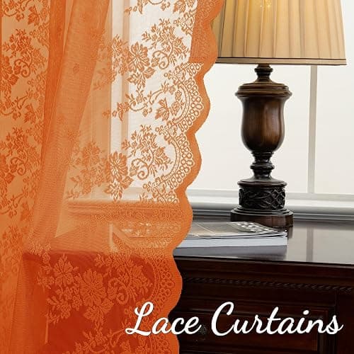 KYMRose Orange Sheer Lace Curtains 84 Inches Long, 2 Panels Country Rustic Flower Curtains for Living Room, Rod Pocket Privacy Scalloped Sheer Lace Panels, Orange 52 x 84 Inch thumbnail 4