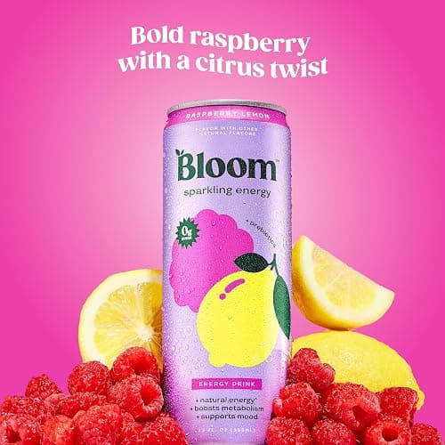 Bloom Nutrition Sparkling Energy Drink for Focus, Natural Caffeine, Zero Sugar, 180mg Caffeine, Antioxidant-Rich with Green Coffee Bean, Green Tea Extract, & Prebiotics, Raspberry Lemon 12oz 12 Pack thumbnail 3