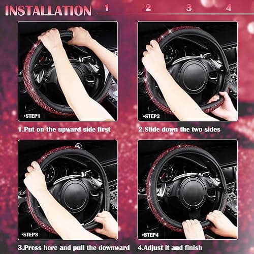 CAR PASS Red Diamond Black Leather Steering Wheel Cover, with Bling Crystal Rhinestones Universal Fit 14" 1/2-15" Crystal Glitter for Women Sparkle Girl Fit Suvs,Vans,Sedans,Cars,Trucks, Red Diamond thumbnail 7