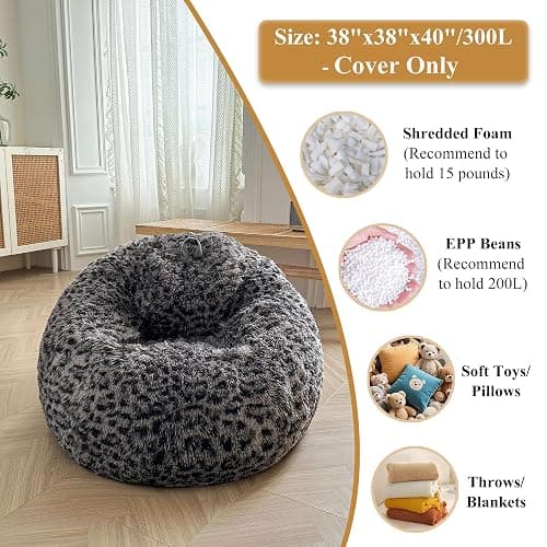 XeGe black leopard print fuzzy bean bag chair thumbnail 3