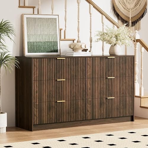Furniway Walnut Dresser for Bedroom, Modern Dresser with 6 Drawers and Smooth Slides, Wide Chest of Drawers with Golden Handles for Bedroom, Living Room, Closet, 15.7" D x 55.1" W x 31.4" H thumbnail 7