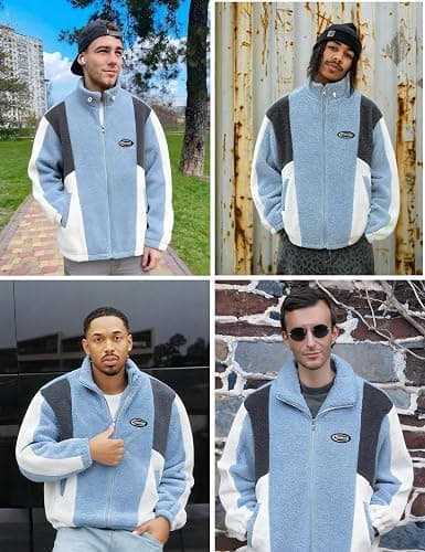 ZAFUL Men's Long Sleeve Zip Up Coat Faux Fur Ethnic Color Block Pullover Tops Pocket Drawstring Hem Oversized Outwear Jacket thumbnail 2
