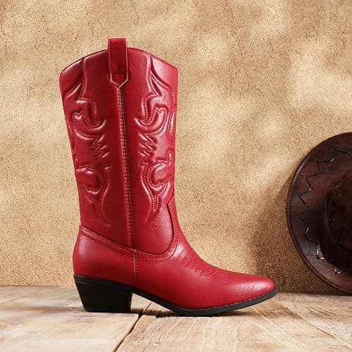 DREAM PAIRS Women's Cowboy Boots Pull On Cowgirl Boots Mid Calf Western Boots, Available in Regular and Wide Calf thumbnail 2