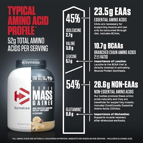 Dymatize Super Mass Gainer Protein Powder, Gourmet Vanilla, 52g Protein, 1g Creatine, 1280 Calories, 10.7g BCAAs, 245g Carbs, Contains Whey Protein Powder, Isolate, and Casein (8 Servings) thumbnail 7