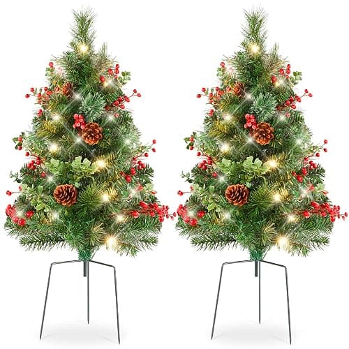 Best Choice Products Set of 2 24.5in Outdoor Pathway Christmas Trees, Battery Operated Pre-Lit Holiday Décor w/LED Lights, Red Berries, Pine Cones - Green W/Berries - 24.5in - Image 1