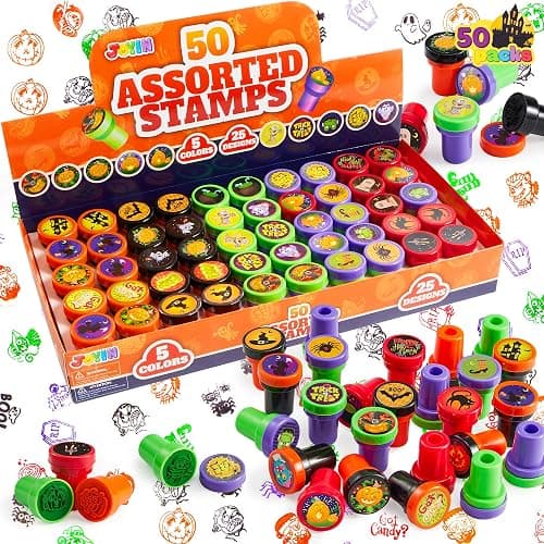 JOYIN 50 Pcs Halloween Stamps for Kids, 25 Designs Assorted Plastic Stamps Bulk, Trick Or Treat Stampers for Halloween Party Favor Gifts, Halloween Goodie Bag Fillers Classroom Game Prizes - Image 1