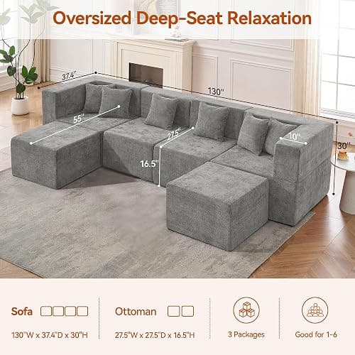MONVANE Modular Sectional Cloud Couch for Living Room - 130'' 6 Seater Convertible Chenille Couches Set with Ottoman, No Assembly Compression Sofas, Comfy Floor Sofa with Memory Foam, Light Grey thumbnail 3