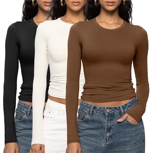 Women's Long Sleeve Shirts Crew Neck Slim Fitted Going Out Crop Casual Tops Basic Tees - Image 1
