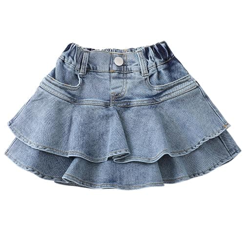 Flofallzique Little Girl's Denim Skirts Mini Flared Pleated Toddler Jean Skorts with Shorts Underneath - Image 1