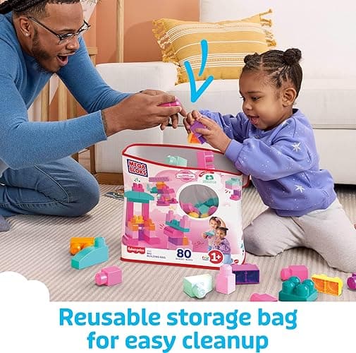 MEGA BLOKS First Builders Toddler Blocks Toys Set, Big Building Bag Collection with 80 Pieces and Storage, Pink, Ages 1+ Years - Pink Bag thumbnail 5